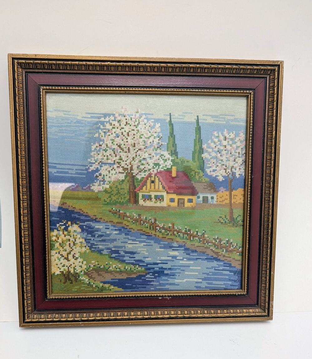 Petit Point Needlepoint Framed Cottage Cherry Apple Blossoms Vintage French